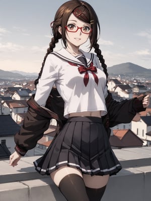 masterpiece, best quality, highres
,//Character, 
1girl, solo,SakimiyaMisaki, brown hair, twin braids, brown eyes, glasses, red-framed eyewear
,//Fashion, 
school uniform, hair ornament, hairclip, pleated skirt, black thighhighs
,//Background, 
,//Others, ,Expressiveh, 
A twin-tailed assassin girl perched on a rooftop, observing a medieval fantasy city at night.,Samurai_Girl