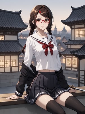 masterpiece, best quality, highres
,//Character, 
1girl, solo,SakimiyaMisaki, brown hair, twin braids, brown eyes, glasses, red-framed eyewear
,//Fashion, 
school uniform, hair ornament, hairclip, pleated skirt, black thighhighs
,//Background, 
,//Others, ,Expressiveh, 
A twin-tailed assassin girl perched on a rooftop, observing a medieval fantasy city at night.,Samurai_Girl, weapon, holding_weapon