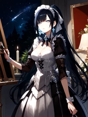 score_9,score_8_up,score_7_up,score_6_up, masterpiece, best quality, highres
,//Character, 
1girl,narberal gamma \(overlord\), long hair, black hair, glay eyes, bangs, ponytail, medium breats
,//Fashion, 
maid
,//Background, 
,//Others, ,Expressiveh, 
A girl painting the night sky with a gigantic paintbrush, creating stars and galaxies with each stroke.