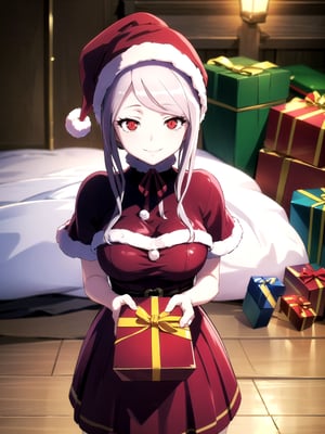 //Quality,
(masterpiece), (best quality), 8k illustration,
//Character,
overlordentoma, 1girl, solo, smile, gift
//Fashion,
santa_costume,
//Background,
indoors, christmas, 
//Others,
,shalltear bloodfallen