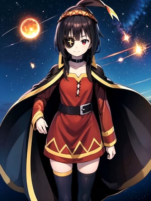 //Quality,
(masterpiece), (best quality), 8k illustration
,//Character,
1girl, solo, smile
,//Fashion,
,//Background,
night sky, meteor,  
,//Others,
make a wish,Megu-KJ , megu dress , megu cape , asymmetrical legwear, right thighhighs, eyepatch,Megu-KJ,liangxing