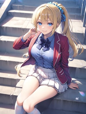 //Quality,
masterpiece, best quality, detailed
,//Character,
1girl, solo,KaruizawaKei, 1girl, blue eyes, blonde hair, ponytail, bangs, breasts, hair ornament
,//Fashion,
school uniform, red jacket, open jacket, hair scrunchie, bowtie, white skirt, pleated skirt, kneehighs, white socks, shoes
,//Background,
school stairs
,//Others,
sitting, smile