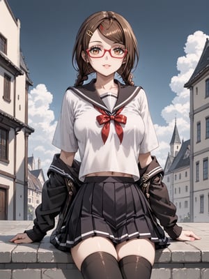 masterpiece, best quality, highres
,//Character, 
1girl, solo,SakimiyaMisaki, brown hair, twin braids, brown eyes, glasses, red-framed eyewear
,//Fashion, 
school uniform, hair ornament, hairclip, pleated skirt, black thighhighs
,//Background, 
,//Others, ,Expressiveh, 
A twin-tailed assassin girl perched on a rooftop, observing a medieval fantasy city at night.