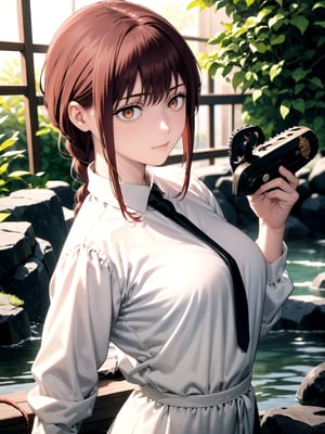 //Quality,
(masterpiece), (best quality), 8k illustration
,//Character,
1girl, solo
,//Fashion,
,//Background,
onsen
,//Others,
,makima (chainsaw man), red hair, long braided hair, golden eyes, bangs, medium breasts, white shirt, necktie, stare