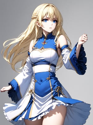 best quality, 8k, 8k UHD, ultra-high resolution, ultra-high definition, highres
,//Character, 
1girl, solo
,//Fashion, 
,//Background, 
,//Others, ,Expressiveh, 
priestess, long hair, blonde hair, blue eyes, dress,
A female martial artist demonstrating a complex kata, her gi in motion