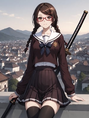 masterpiece, best quality, highres
,//Character, 
1girl, solo,SakimiyaMisaki, brown hair, twin braids, brown eyes, glasses, red-framed eyewear
,//Fashion, 
school uniform, hair ornament, hairclip, pleated skirt, black thighhighs
,//Background, 
,//Others, ,Expressiveh, 
A twin-tailed assassin girl perched on a rooftop, observing a medieval fantasy city at night.,Samurai_Girl, weapon, holding_weapon