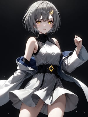 best quality, 8k, 8k UHD, ultra-high resolution, ultra-high definition, highres
,//Character, 
1girl, solo
,//Fashion, 
,//Background, 
,//Others, ,Expressiveh, 
Ataru, short hair, grey hair, yellow eyes, heterochromia, glowing, single horn, dress, legs,
A martial artist mid-kick, her gi revealing a glimpse of athletic physique.