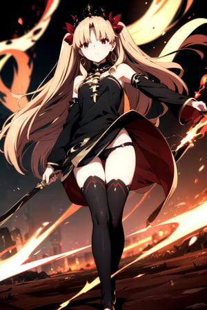 //Quality,
(masterpiece), (best quality), 8k illustration
,//Character,
1girl, solo
,//Fashion,
,//Background,
white_background
,//Others,
,ereshkigal, ereshkigal \(fate\), long hair, blonde hair, very long hair, two side up, tiara, (red eyes:1.3), ribbon, hair ribbon, red ribbon, (parted bangs:1.5),BREAK thighhighs, dress, jewelry, earrings, black dress, single thighhigh, asymmetrical legwear, uneven legwear, single sleeve, spine, hair bow