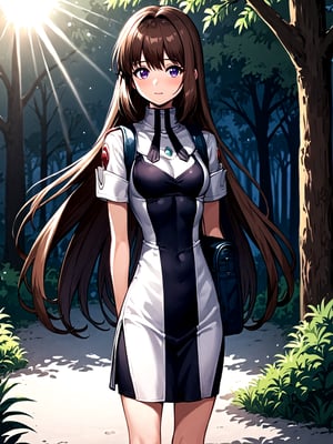 A young girl with long brown hair and bright eyes, standing at the edge of a magical forest. She's wearing a simple dress and holding a small backpack. Sunlight filters through the trees, creating a mystical atmosphere. The girl looks excited and slightly nervous.
best quality, 8k, 8k UHD, ultra-high resolution, ultra-high definition, highres
,//Character, 
1girl, solo
,//Fashion, 
,//Background, 
,//Others, ,Expressiveh,
elhaym_van_houten, long hair, brown hair, purple eyes, dress