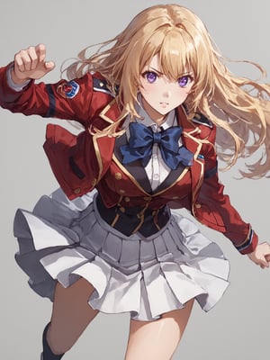 score_9,score_8_up,score_7_up,score_6_up, masterpiece, best quality, 8k, 8k UHD, ultra-high resolution, ultra-high definition, highres
,//Character, 
1girl, solo,ichinose honami, blonde hair, long hair, purple eyes
,//Fashion, 
school uniform, red jacket, blue bow, white skirt, pleated skirt
,//Background, white_background
,//Others, ,Expressiveh,
fighting stance, dynamic pose