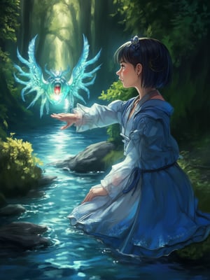 best quality, 8k, 8k UHD, ultra-high resolution, ultra-high definition, highres
,//Character, 
1girl, solo
,//Fashion, 
dress
,//Background, 
,//Others, ,Expressiveh,
The same girl kneeling by a sparkling stream in the forest. She's reaching out to touch a glowing, fairy-like creature hovering above the water. The creature emits a soft blue light. The girl's expression is one of wonder and curiosity.