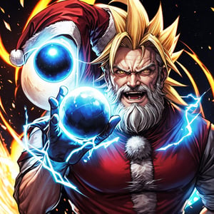 masterpiece,best quality,highly detailed, Santa, white beard, gentle smile,a character who is getting power from energy coming from his hand is seen, super saiyan, 1boy, solo, male focus, aura, open mouth, kamehameha, charging blue energy ball holding it in his hands,bend down