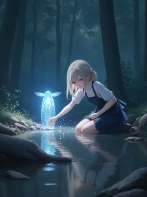 best quality, 8k, 8k UHD, ultra-high resolution, ultra-high definition, highres
,//Character, 
1girl, solo
,//Fashion, 
dress
,//Background, 
,//Others, ,Expressiveh,
The same girl kneeling by a sparkling stream in the forest. She's reaching out to touch a glowing, fairy-like creature hovering above the water. The creature emits a soft blue light. The girl's expression is one of wonder and curiosity. ,2bEimi