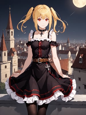 masterpiece, best quality, highres
,//Character, 
1girl, solo,AmaneMisa, twintails, blonde hair, red eyes, sidelocks
,//Fashion, 
black dress, sleeveless, bare shoulders, collarbone, choker, skirt, frills, belt, black pantyhose, cross
,//Background, 
,//Others, ,Expressiveh, 
A twin-tailed assassin girl perched on a rooftop, observing a medieval fantasy city at night.