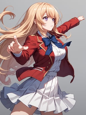 score_9,score_8_up,score_7_up,score_6_up, masterpiece, best quality, 8k, 8k UHD, ultra-high resolution, ultra-high definition, highres
,//Character, 
1girl, solo,ichinose honami, blonde hair, long hair, purple eyes
,//Fashion, 
school uniform, red jacket, blue bow, white skirt, pleated skirt
,//Background, white_background
,//Others, ,Expressiveh,
fighting stance, dynamic pose