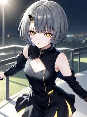 best quality, 8k, 8k UHD, ultra-high resolution, ultra-high definition, highres
,//Character, 
1girl, solo
,//Fashion, 
,//Background, 
,//Others, ,Expressiveh, 
Ataru, short hair, grey hair, yellow eyes, heterochromia, glowing, single horn, dress, legs,
A female martial artist demonstrating a complex kata, her gi in motion