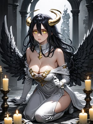 masterpiece, best quality, highres
,//Character, 
1girl, solo,albedo \(overlord\), long hair, black hair, hair between eyes, yellow eyes, horns, ahoge, black wings, feathered wings, low wings
,//Fashion, 
white gloves, white dress, bare shoulders, detached collar, cleavage, slit pupils
,//Background, 
,//Others, ,Expressiveh, 
A young priestess kneeling before a dark altar, surrounded by ominous statues and flickering candles.