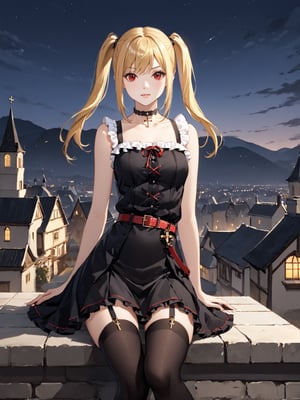 masterpiece, best quality, highres
,//Character, 
1girl, solo,AmaneMisa, twintails, blonde hair, red eyes, sidelocks
,//Fashion, 
black dress, sleeveless, bare shoulders, collarbone, choker, skirt, frills, belt, black pantyhose, cross
,//Background, 
,//Others, ,Expressiveh, 
A twin-tailed assassin girl perched on a rooftop, observing a medieval fantasy city at night.