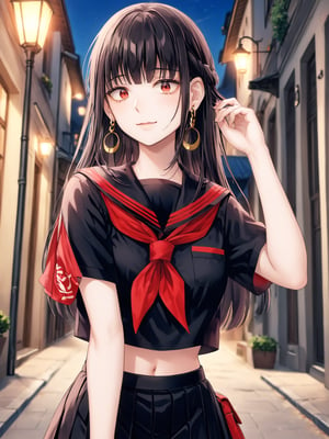 best quality, 8k, 8k UHD, ultra-high resolution, ultra-high definition, highres
,//Character, 
1girl, solo
,//Fashion, 
,//Background, 
,//Others, ,Expressiveh, 
AgakuraMajiri, 1girl, solo, long hair, black hair, red eyes, hoop earrings, black serafuku, sailor collar, black shirt, red neckerchief, armband, pleated skirt, black skirt