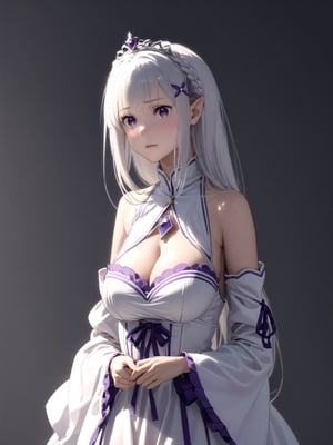 //Character, solo,emilia \(re_zero\), 1girl, long hair, white hair, purple eyes crown braid, pointy ears, 
//Fashion, white dress, hair ornament, hair ribbon, purple ribbon, bare shoulders, cleavage, white footwear,
//Background, simple background, 
//Quality, (masterpiece), best quality, ultra-high resolution, ultra-high definition, highres, intricate, intricate details, absurdres, highly detailed, finely detailed, ultra-detailed, ultra-high texture quality, natural lighting, natural shadow, dramatic shading, dramatic lighting, vivid colour, perfect anatomy, 
//Others, 