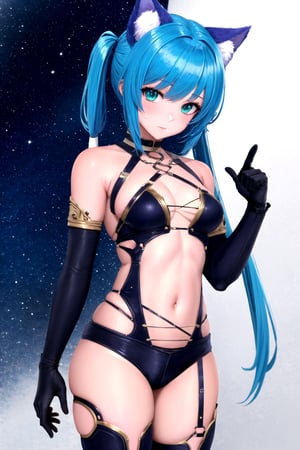 //Quality, masterpiece, best quality, detailmaster2, 8k, 8k UHD, ultra-high resolution, ultra-high definition, highres, 
//Character, 1girl, solo,MeracleChamlotte_SO4 cat_girl,blue_hair twintails green_eyes,
//Fashion, ,navel gloves thighhighs,
//Background, white background, 
//Others, 