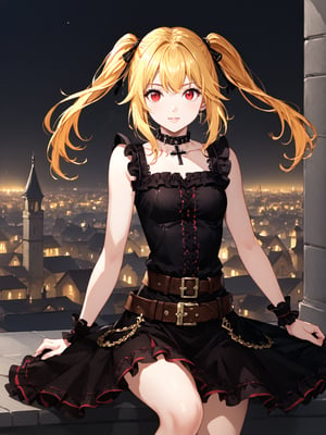 masterpiece, best quality, highres
,//Character, 
1girl, solo,AmaneMisa, twintails, blonde hair, red eyes, sidelocks
,//Fashion, 
black dress, sleeveless, bare shoulders, collarbone, choker, skirt, frills, belt, black pantyhose, cross
,//Background, 
,//Others, ,Expressiveh, 
A twin-tailed assassin girl perched on a rooftop, observing a medieval fantasy city at night.