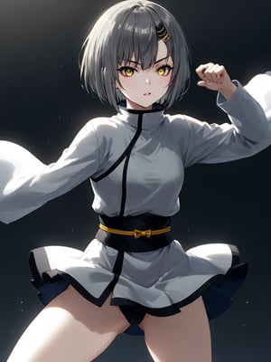 A martial artist mid-kick, her gi revealing a glimpse of athletic physique.
best quality, 8k, 8k UHD, ultra-high resolution, ultra-high definition, highres
,//Character, 
1girl, solo
,//Fashion, 
,//Background, 
,//Others, ,Expressiveh, 
Ataru, short hair, grey hair, yellow eyes, heterochromia, glowing, single horn, dress, legs,
A martial artist mid-kick, her gi revealing a glimpse of athletic physique.