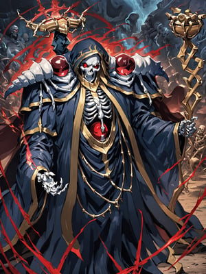 //Quality,
masterpiece, best quality, detailed
,//Character,
,ainz ooal gown \(overlord\), 1boy, solo, red eyes, skull, skeleton, glowing
,//Fashion,
hood, shoulder armor, robe, staff
,//Background,
battle field
,//Others,
magic chant, magic circle, open mouth, smile, look up