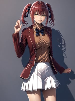 //Quality,
masterpiece, best quality, detailed
,//Character,
1girl, solo,AmasawaIchika, yellow eyes, red hair, twintails, medium breasts, bangs, hair between eyes, shiny hair, 
,//Fashion,
school uniform, red jacket, blazer, open jacket, long sleeves, open clothes, collared shirt, brown shirt, blue bowtie, hair ribbon, red ribbon, pleated skirt, white skirt, miniskirt, black footwear, black socks, loafers
,//Background,
,//Others,
standing, full body, closed mouth, smile, hand up, AmasawaIchika