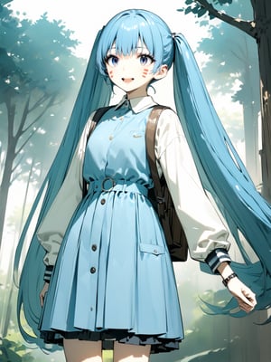 best quality, 8k, 8k UHD, ultra-high resolution, ultra-high definition, highres
,//Character, 
1girl, solo, hermit mio, long hair, blue hair, twintails, blue eyes, facial mark
,//Fashion, 
school_uniform
,//Background, 
,//Others, ,Expressiveh,
A young girl with long brown hair and bright eyes, standing at the edge of a magical forest. She's wearing a simple dress and holding a small backpack. Sunlight filters through the trees, creating a mystical atmosphere. The girl looks excited and slightly nervous.