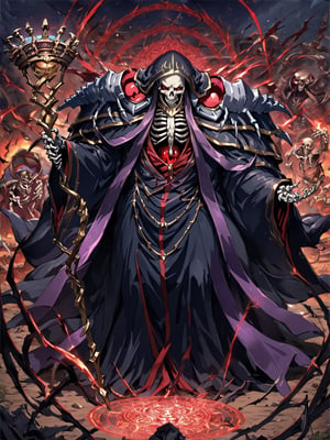 //Quality,
masterpiece, best quality, detailed
,//Character,
,ainz ooal gown \(overlord\), 1boy, solo, red eyes, skull, skeleton, glowing
,//Fashion,
hood, shoulder armor, robe, staff
,//Background,
battle field
,//Others,
magic chant, magic circle, open mouth, smile, look up