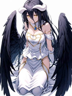 score_9,score_8_up,score_7_up,score_6_up, masterpiece, best quality
,//Character, 
1girl, solo,albedo \(overlord\), long hair, black hair, hair between eyes, yellow eyes, horns, ahoge, black wings, feathered wings, low wings
,//Fashion, 
white gloves, white dress, bare shoulders, detached collar, cleavage, slit pupils
,//Background, white_background
,//Others,
kneeling, tearful