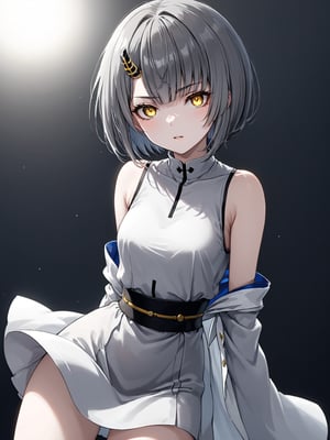 best quality, 8k, 8k UHD, ultra-high resolution, ultra-high definition, highres
,//Character, 
1girl, solo
,//Fashion, 
,//Background, 
,//Others, ,Expressiveh, 
Ataru, short hair, grey hair, yellow eyes, heterochromia, glowing, single horn, dress, legs,
A female martial artist demonstrating a complex kata, her gi in motion