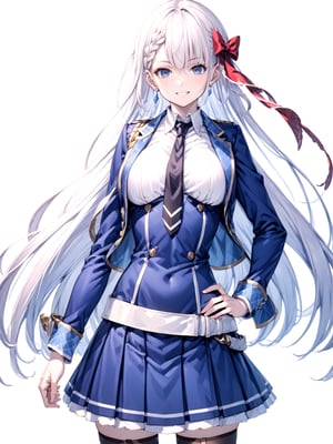 score_9,score_8_up,score_7_up,score_6_up, masterpiece, best quality
,//Character, 
1girl, solo,RiseliaRayCrystalia, very long hair, white hair, braid, blue eyes, medium breasts
,//Fashion, 
earrings, red hair bow, long sleeves, white shirt, collared shirt, black necktie, blue jacket, blue skirt, pleated skirt, black thighhighs, belt
,//Background, white_background
,//Others,
(making a V sign), smile