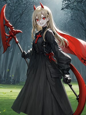 //Quality,
masterpiece, 8k, 8k UHD, best quality
,//Character,
1girl, solo
,//Fashion,
,//Background,
park
,//Others,
,powerdef, sharp teeth, grin, holding scythe, red scythe, cross-shaped pupils