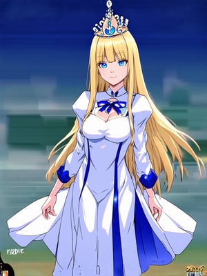 best quality, 8k, 8k UHD, ultra-high resolution, ultra-high definition, highres, 1girl, solo,Calca,Calca Bessarez,blonde hair,(extremely long hair:1.3),white tiara,white dress,blue eyes,medium breasts,blunt bangs