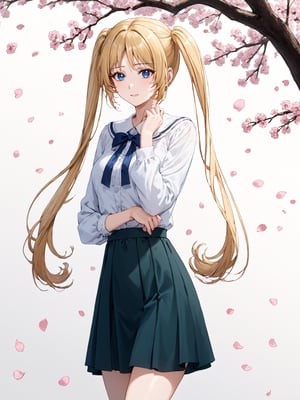 masterpiece, best quality, highres
,//Character, 
1girl, solo,MiaChristoph, long hair, blonde hair, twintails, blue eyes
,//Fashion, 

,//Background, white background
,//Others, ,Expressiveh, 
A shy schoolgirl peeking from behind a cherry blossom tree, soft petals falling around her.