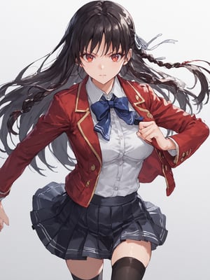 score_9,score_8_up,score_7_up,score_6_up, masterpiece, best quality, 8k, 8k UHD, ultra-high resolution, ultra-high definition, highres
,//Character, 
1girl, solo, long hair, black hair, shiny hair, red eyes, bangs, braid
,//Fashion, 
school uniform, red jacket, hair ribbon, white shirt, pleated skirt, thighhighs
,//Background, white_background
,//Others, ,Expressiveh,
fighting stance, dynamic pose,suzune horikita