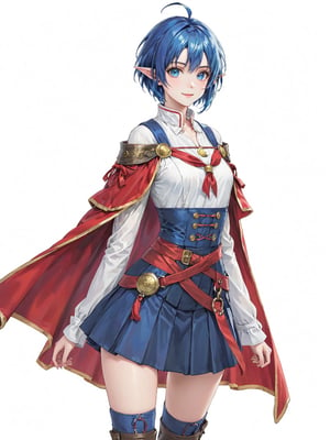 //Quality, masterpiece, best quality, detailmaster2, 8k, 8k UHD, ultra detailed, ultra-high resolution, ultra-high definition, highres, 
//Character, 1girl, solo, blue eyes, short hair, blue hair, pointy ears, ahoge,
//Fashion, red cape, skirt, thighhighs, crescent hair ornament,
//Background, white background, 
//Others, looking at viewer, smile, from_side