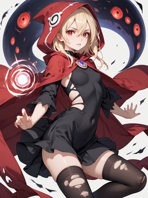 score_9,score_8_up,score_7_up,score_6_up, masterpiece, best quality, 8k, 8k UHD, ultra-high resolution, ultra-high definition, highres
,//Character, 
1girl, solo,Evileye \(overlord\), blonde hair, red eyes, hair between eyes, small breasts
,//Fashion, 
hood, black dress, torn clothes, covered navel, red cloak, hooded cloak, black thighhighs, torn thighhighs, 
hood up
,//Background, white_background
,//Others, ,Expressiveh,2b-Eimi, 
dynamic pose, energy ball charging