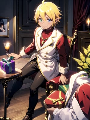 //Quality,
(masterpiece), (best quality), 8k illustration,
//Character,
overlordentoma, 1boy, solo, smile, gift
//Fashion,
santa_costume,
//Background,
indoors, christmas, 
//Others,
,Aura Bella Fiora 