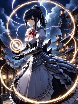 //Quality,
masterpiece, best quality, detailed
,//Character,
,narberal gamma \(overlord\), 1girl, solo, long hair, black hair, glay eyes, bangs, ponytail, medium breats
,//Fashion,
ribbon, bow, maid, dress, armor, gloves
,//Background,
night_sky, flying
,//Others,
magic chanting, magic circle, electric magic, lightning,Katon