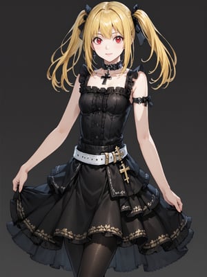 masterpiece, best quality, highres
,//Character, 
1girl, solo,AmaneMisa, twintails, blonde hair, red eyes, sidelocks
,//Fashion, 
black dress, sleeveless, bare shoulders, collarbone, choker, skirt, frills, belt, black pantyhose, cross
,//Background, 
,//Others, ,Expressiveh, 
A young magic caster girl practicing spells in a vast library filled with ancient tomes and magical artifacts.