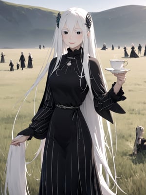 //Quality,
masterpiece, best quality, detailed
,//Character,
solo,echidna_rezero, 1girl, very long hair, white hair, black eyes, colored eyelashes
,//Fashion,
long sleeves, striped, black dress, long dress, hair ornament, black capelet
,//Background,
grassland, tea time
,//Others,
smile