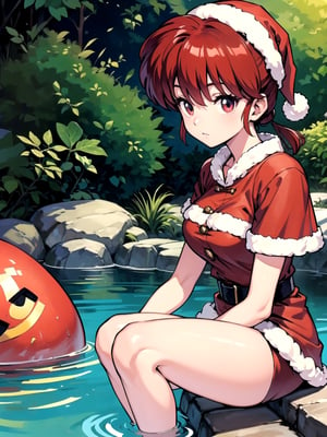 1girl, solo, Hot springs, Ranma style, female Santa,RanmaChan, red_hair,so-bin