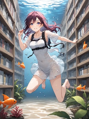 masterpiece, best quality, highres
,//Character, 
1girl, solo
,//Fashion, 
,//Background, white background
,//Others, ,Expressiveh, 
,AobaTsukuyo,
A girl in scuba gear exploring an underwater library, with fish swimming between bookshelves and seaweed growing from old tomes.