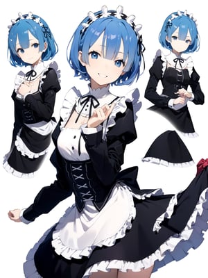 //Quality,
masterpiece, best quality, detailed
,//Character,
solo,rem \(re_zero\), 1girl, blue eyes, blue hair, short hair
,//Fashion,
roswaal mansion maid uniform, hair ribbon
,//Background,
white_background, simple_background
,//Others,
smile, V