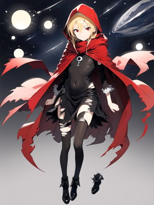 //Quality,
masterpiece, best quality, detailed
,//Character,
,Evileye \(overlord\), 1girl, solo, blonde hair, red eyes, hair between eyes, small breasts
,//Fashion,
hood, black dress, torn clothes, covered navel, red cloak, hooded cloak, black thighhighs, torn thighhighs, boots, black footwear
,//Background,
night_sky, starry_sky
,//Others,
hood down, arms at sides