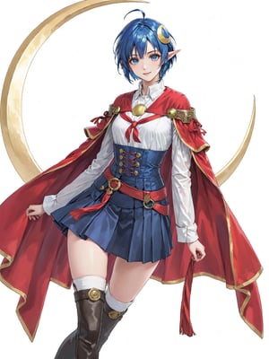 //Quality, masterpiece, best quality, detailmaster2, 8k, 8k UHD, ultra detailed, ultra-high resolution, ultra-high definition, highres, 
//Character, 1girl, solo, blue eyes, short hair, blue hair, pointy ears, ahoge,
//Fashion, red cape, skirt, thighhighs, crescent hair ornament,
//Background, white background, 
//Others, looking at viewer, smile, 