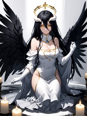 masterpiece, best quality, highres
,//Character, 
1girl, solo,albedo \(overlord\), long hair, black hair, hair between eyes, yellow eyes, horns, ahoge, black wings, feathered wings, low wings
,//Fashion, 
white gloves, white dress, bare shoulders, detached collar, cleavage, slit pupils
,//Background, 
,//Others, ,Expressiveh, 
A young priestess kneeling before a dark altar, surrounded by ominous statues and flickering candles.